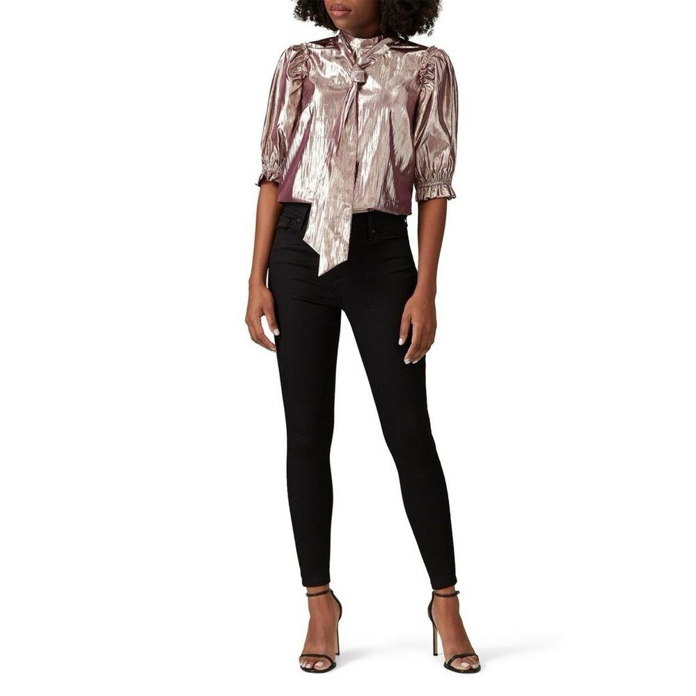 Allen Schwartz Puff Sleeve Blouse Mock Neck Front Bow Purple Metallic Size S